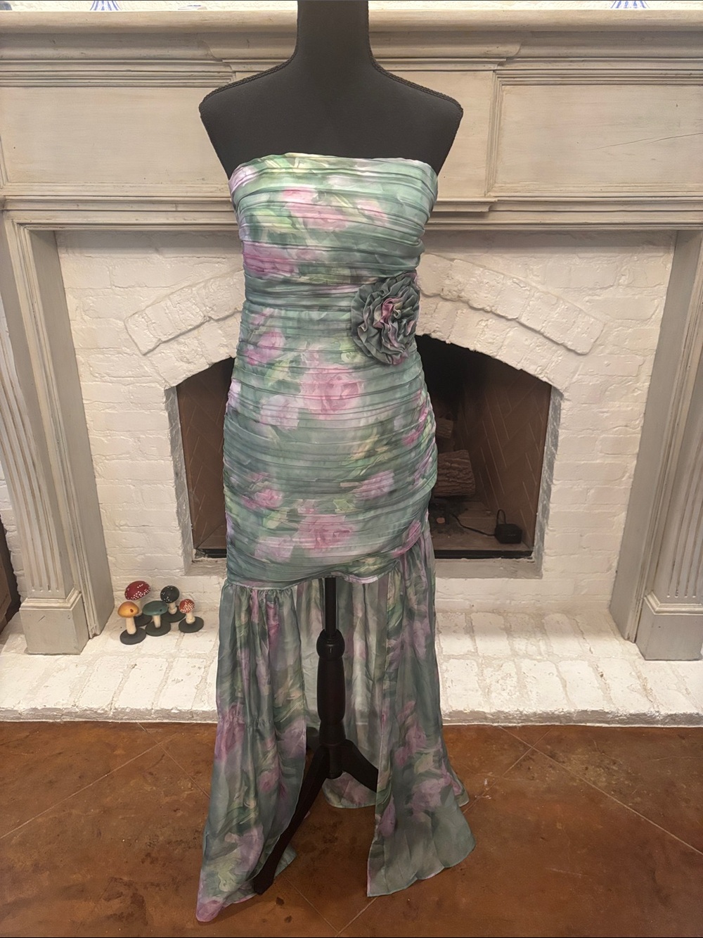 Strapless Green Floral Ruffled Dress